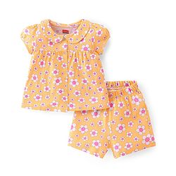 Babyhug Cotton Single Jersey Knit Half Sleeves Night Suit Floral Print - Orange