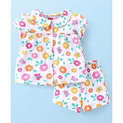 Babyhug Cotton Knit Single Jersey Half Sleeves Night Suit With Floral Print - White