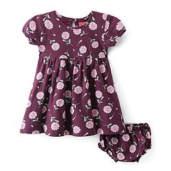 Babyhug 100% Cotton Single Jersey Knit Half Sleeves Frock With Bloomer Floral Print - Maroon