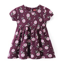 Babyhug 100% Cotton Single Jersey Knit Half Sleeves Frock With Bloomer Floral Print - Maroon