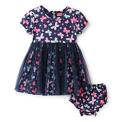 Babyhug 100% Cotton Single Jersey Knit Half Sleeves Frock With Bloomer Butterfly Print - Navy Blue