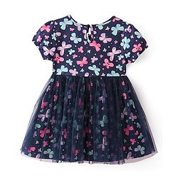 Babyhug 100% Cotton Single Jersey Knit Half Sleeves Frock With Bloomer Butterfly Print - Navy Blue