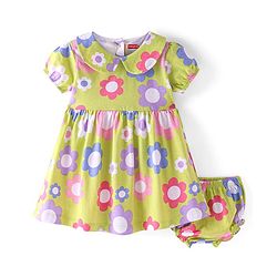 Babyhug Single Jersey Knit Half Sleeves Floral Printed Frock with Bloomer - Green