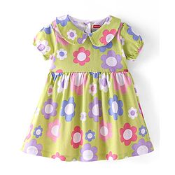 Babyhug Single Jersey Knit Half Sleeves Floral Printed Frock with Bloomer - Green