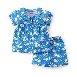 Babyhug Cotton Single Jersey Knit Half Sleeves Night Suit Floral Print - Blue