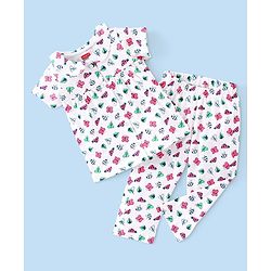 Babyhug Single Jersey Cotton Knit Half Sleeves Night Suit Butterfly Print - White