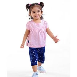 Babyhug Cotton Knit  Half Sleeves Capri Night Suit With Heart Print - Pink & Navy Blue