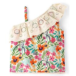 Babyhug Rayon Woven Sleeveless Top with Lace Detailing & Floral Print- Off White