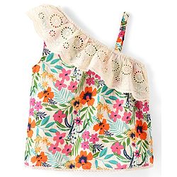 Babyhug Rayon Woven Sleeveless Top with Lace Detailing & Floral Print- Off White