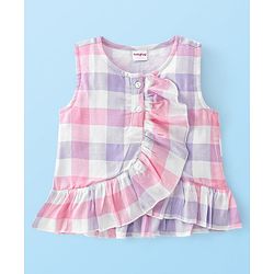 Babyhug Sleeveless Top with Checks & Frill Design - Pink & Purple
