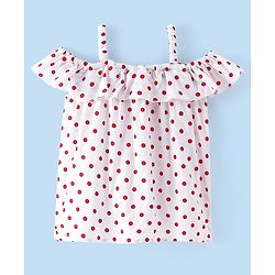 Babyhug Rayon Woven Cold Shoulder Sleeves Top with Floral Applique & Polka Dot Print-  White