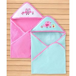 Babyhug Terry Knit Hooded Towel Set  Owl and Sparrow Patch Pack of 2 - Pink & Blue