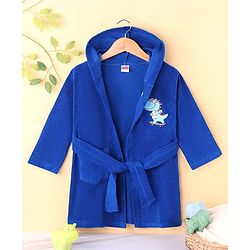 Babyhug Terry Knit Full Sleeves Hooded Bath Robe With Dino Embroidery - Navy Blue