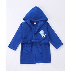Babyhug Terry Knit Full Sleeves Hooded Bath Robe With Dino Embroidery - Navy Blue