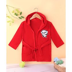 Babyhug Terry Knit Full Sleeves Hooded Bath Robe With Panda Embroidery - Red
