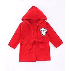 Babyhug Terry Knit Full Sleeves Hooded Bath Robe With Panda Embroidery - Red