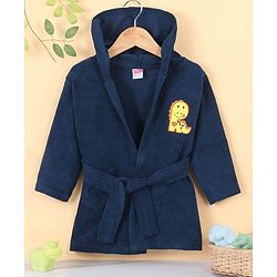 Babyhug Terry Knirt Full Sleeves Bath Robe With Hood Dino Embroidery - Navy Blue