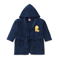 Babyhug Terry Knirt Full Sleeves Bath Robe With Hood Dino Embroidery - Navy Blue