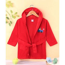 Babyhug Terry Knit Full Sleeves Hooded Bath Robe With Plane Embroidery - Red