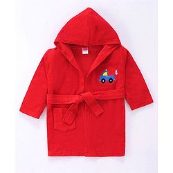 Babyhug Terry Knit Full Sleeves Hooded Bath Robe With Plane Embroidery - Red