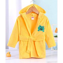 Babyhug Terry Knit Full Sleeves Bath Robe With Hood and Frog Embroidery - Yellow