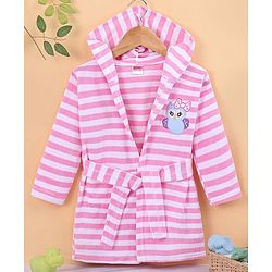 Babyhug Terry Knit Full Sleeves Bath Robe With Hood Owl Embroidery - Pink