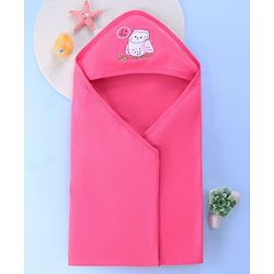 Babyhug Terry Interlock Wrapper With Hood Owl Print L 76.2 x B 76.2 cm - Pink