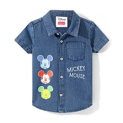 Babyhug Disney Denim Woven Half Sleeves Shirt with Mickey Mouse Graphics - Blue