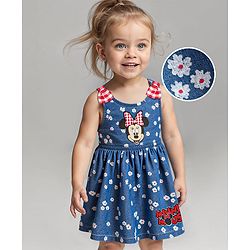 Babyhug Disney Cotton Knit Sleeveless Floral Print Frock with Bloomer & Minnie Mouse Applique - Blue