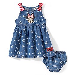 Babyhug Disney Cotton Knit Sleeveless Floral Print Frock with Bloomer & Minnie Mouse Applique - Blue