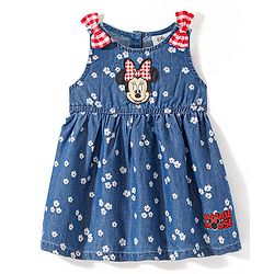 Babyhug Disney Cotton Knit Sleeveless Floral Print Frock with Bloomer & Minnie Mouse Applique - Blue