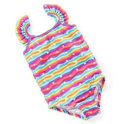 Babyhug Flutter Sleeves V Cut Swimsuit with Heart & Wave Print -  Multicolour