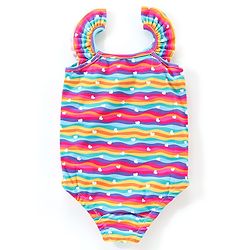 Babyhug Flutter Sleeves V Cut Swimsuit with Heart & Wave Print -  Multicolour