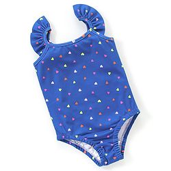 Babyhug Flutter Sleeves V Cut Swimsuit Heart Print- Blue