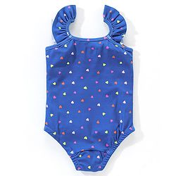 Babyhug Flutter Sleeves V Cut Swimsuit Heart Print- Blue