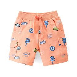 Babyhug Cotton Looper Knit Knee Length Shorts Compus Print - Orange