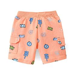 Babyhug Cotton Looper Knit Knee Length Shorts Compus Print - Orange