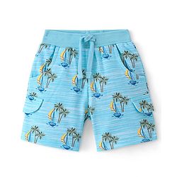 Babyhug Cotton Looper Knit Knee Length Shorts Boat Print - Blue