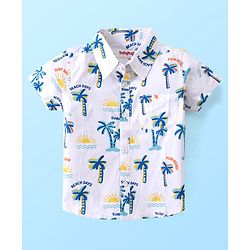 Babyhug Cotton Woven Half Sleeves Shirt & Denim Shorts Set With  Palm Tree Print - White & Blue