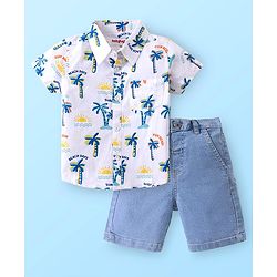 Babyhug Cotton Woven Half Sleeves Shirt & Denim Shorts Set With  Palm Tree Print - White & Blue