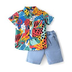Babyhug 100% Cotton Woven Half Sleeves Abstract Print Shirt & Denim Shorts With Stretch- Multicolour