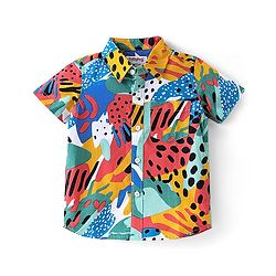 Babyhug 100% Cotton Woven Half Sleeves Abstract Print Shirt & Denim Shorts With Stretch- Multicolour