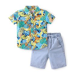 Babyhug Cotton Woven Half Sleeves Shirt & Denim Shorts Set With  Tropical Theme - Multicolor