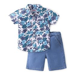 Babyhug Cotton Woven Half Sleeves Shirt & Denim Shorts Set with Floral Print - Blue