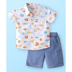 Babyhug Cotton Woven Half Sleeves Shirt & Denim Shorts Set With  Aquatic Animal Print -White &  Blue