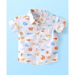 Babyhug Cotton Woven Half Sleeves Shirt & Denim Shorts Set With  Aquatic Animal Print -White &  Blue