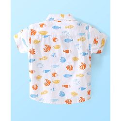 Babyhug Cotton Woven Half Sleeves Shirt & Denim Shorts Set With  Aquatic Animal Print -White &  Blue