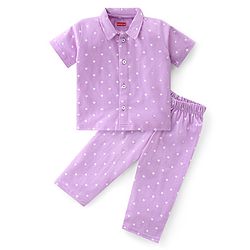 Babyhug Single Jersey Knit Half Sleeves Polka Dot Print Night Suit - Purple