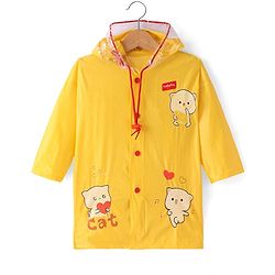 Babyhug Full Sleeves Below Knee Length Hooded Raincoat Cat Print - Yellow