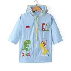 Babyhug Full Sleeves Below Knee Length Hooded Raincoat Dino Print - Ice Blue